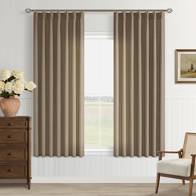 Dark Brown Pinch Pleated Semi Sheer Curtains 63 Inch Length for Living Dining Room Kitchen Linen Blend Light Filtering Pinch Pleat Linen Drapes Back Tab 2 Panels Bedroom Window Curtains 40x63