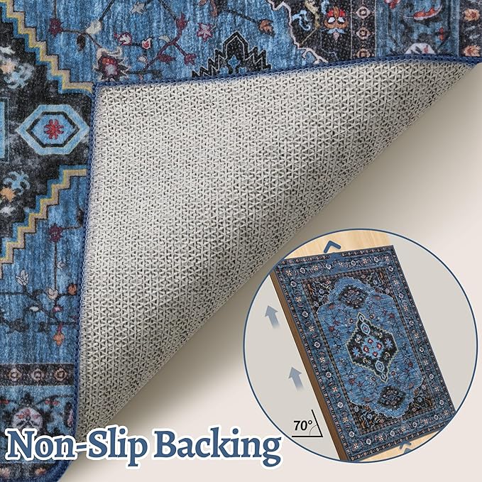 Tangsoo Blue 2x5 Washable Runner Rug for Hallways, Non Slip Oriental Runner Rugs, Soft Low Pile Long Rug Runner, Vintage Carpet Runners for Kitchen Bedroom Entryway Bathroom Living Room Blue/Black