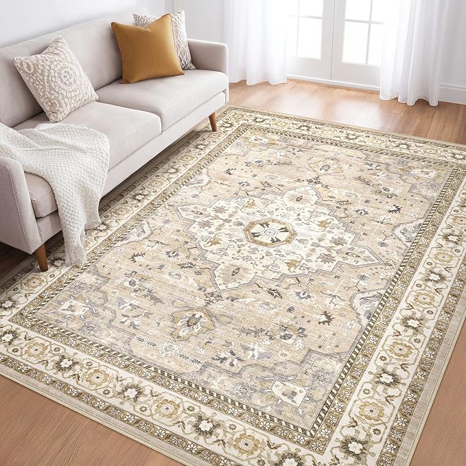 6x8 Area Rug Living Room: Washable Boho Large Neutral Vintage Soft Rug Stain Resistant Farmhouse Non-Slip Indoor Floor Carpet for Bedroom Nursery Kids Playroom Office Dining Room- Beige Grey