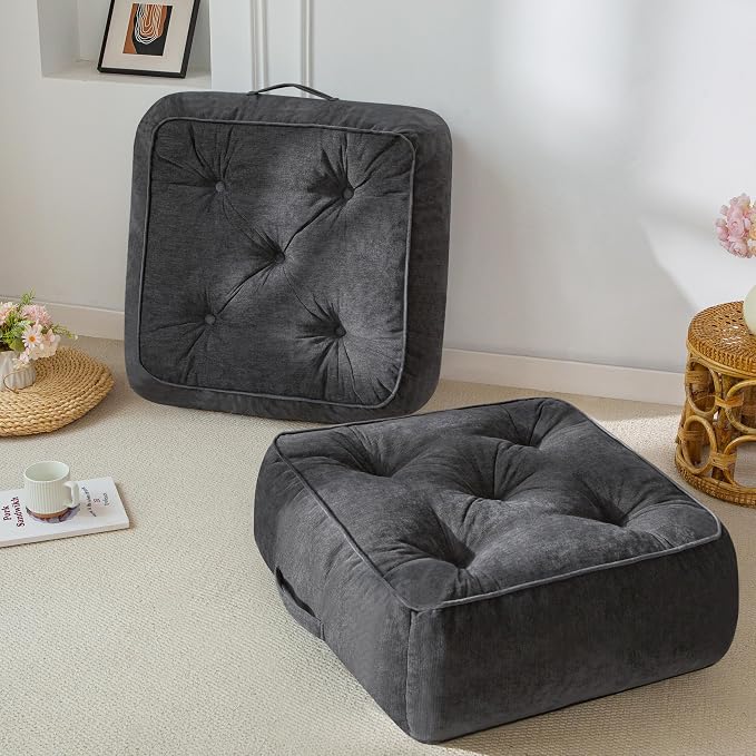 8" Extra Thick Floor Pillow Cushion for Adults, Meditation Cushion Pillow with Handle, Lustrous Chenille Tufted, Square Floor Sitting for Tatami Living Room or Yoga, 22x22 Inch, 2Pack, Dark Grey