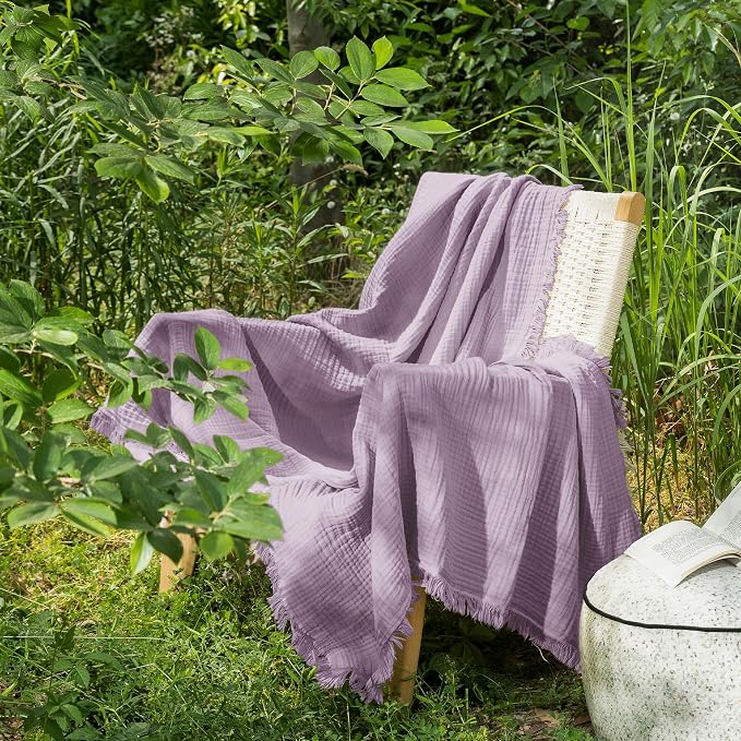 MooMee Muslin Blanket - 100% Cotton 4-Layer Gauze Throw Blanket with All-Around Fringe, Soft Breathable Lightweight Cooling Summer Blankets for Bed Couch(Light Purple,Throw 60" x 50")