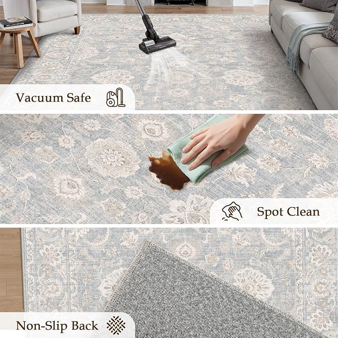 6x9 Blue Cream Washable Area Rug for Living Room Bedroom Neutral Floral Soft Non Slip Rug Medium Pile Thicker Distressed Carpet for Dining Room Nursery Office Indoor