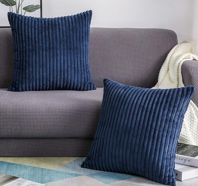 TangDepot Velvet Big Corduroy Pillow Covers 16x16 Navy Blue 2-Pack | Soft wide-stripe corduroy pillow cover, hidden zipper, machine washable, easy refresh, for bedroom living room indoor outdoor