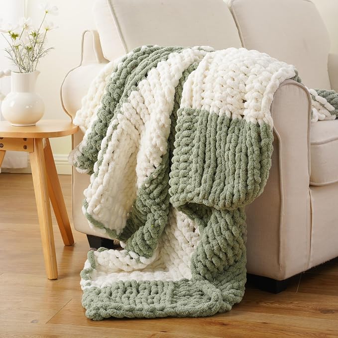 Battilo Chunky Knit Throw Blanket, Soft and Thick Chenille Throw Blanket, 50"x60" Handmade Cable Knit Crochet Blanket, Large Rope Knot Throw Blankets for Couch Sofa Bed Home Decor, Sage & White
