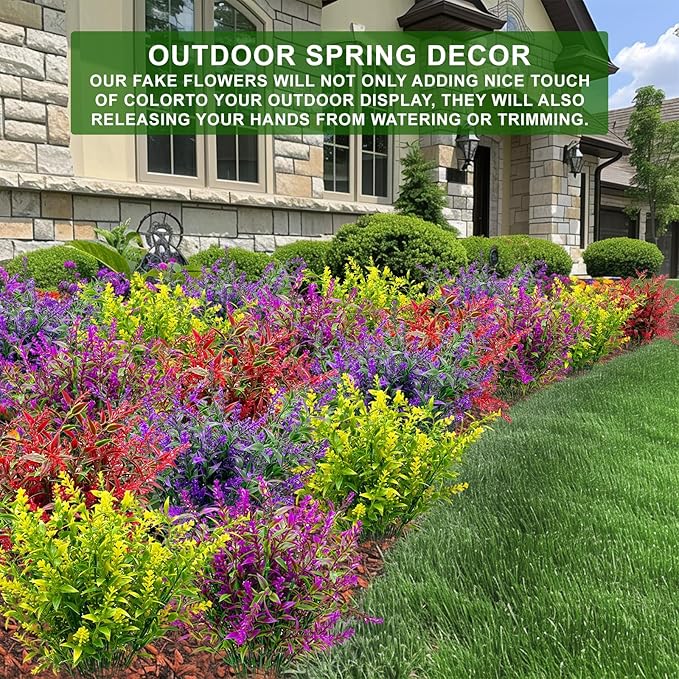 TURNMEON 20 Bundles Artificial Flowers for Outdoors Summer Decor, UV Resistant No Fade Fake Lavender Flowers Plastic Faux Plants for Window Box Garden Planter Porch Indoor Cemetery Decor(Mix Colors)