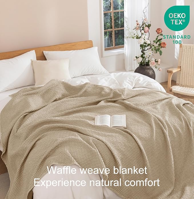 Talasily 100% Cotton Blanket Twin XL Size for Bed - Spring and Summer Cooling Lightweight & Breathable Bedding -Soft Waffle Weave Christmas Blanket, Machine Washable,Oatmeal,66x90 Inches