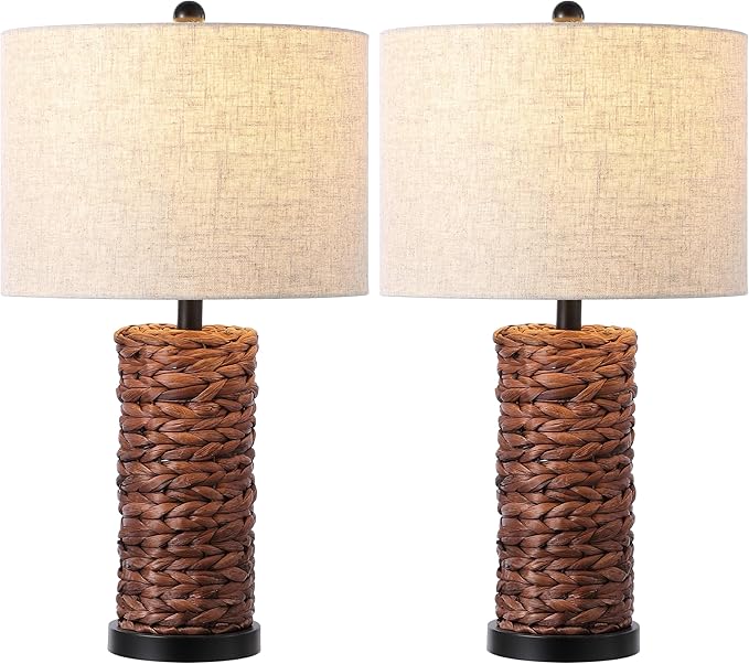 JONATHAN Y 25" Dark Brown Coastal Water Hyacinth Table Lamp Set of 2, Bedside Lamp with Light Grey Linen Shade, Boho Farmhouse Decor for Living Room Nightstand, LED Bulbs (JYL6502B-SET2)