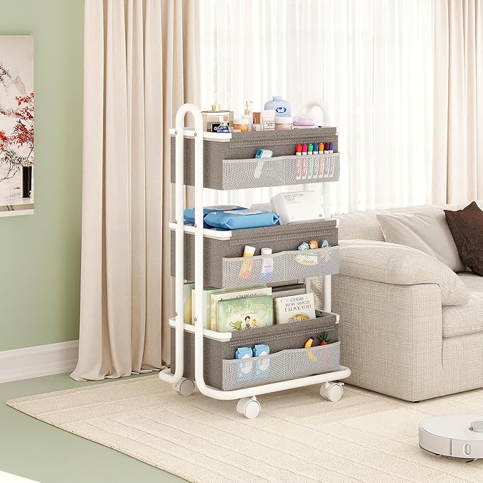 3-Tier Baby Diaper Caddy Organizer Cart, Mobile Nursery Storage Carts with Wheels, 3 Dividers & 6 Mesh Pockets Durable Metal Utility Cart for Nursery, Bedroom, Bathroom, Baby Essentials Organization