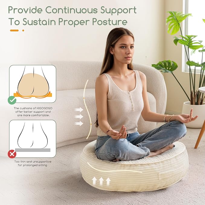 HIGOGOGO 6" Extra Thick Floor Pillow Cushion for Adults, Meditation Cushion Pillow, Large Round Floor Sitting, Tufted Corduroy Cover, for Tatami Living Room or Yoga, 22x22 Inch, 2Pack, Beige