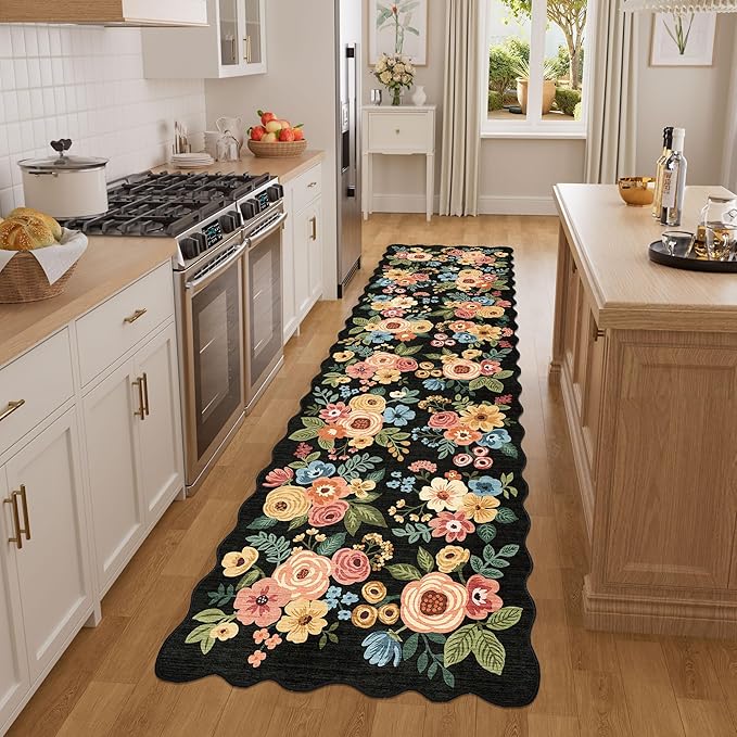 DUKINO Washable Runner Rug, 2x7 Lightweight Soft Floral Hallway Rug Runner with Low Pile Design, Non Shedding & Non Slip Backing Thin Indoor Carpet for Bedroom, Bathroom, Entrance, Kitchen, Black