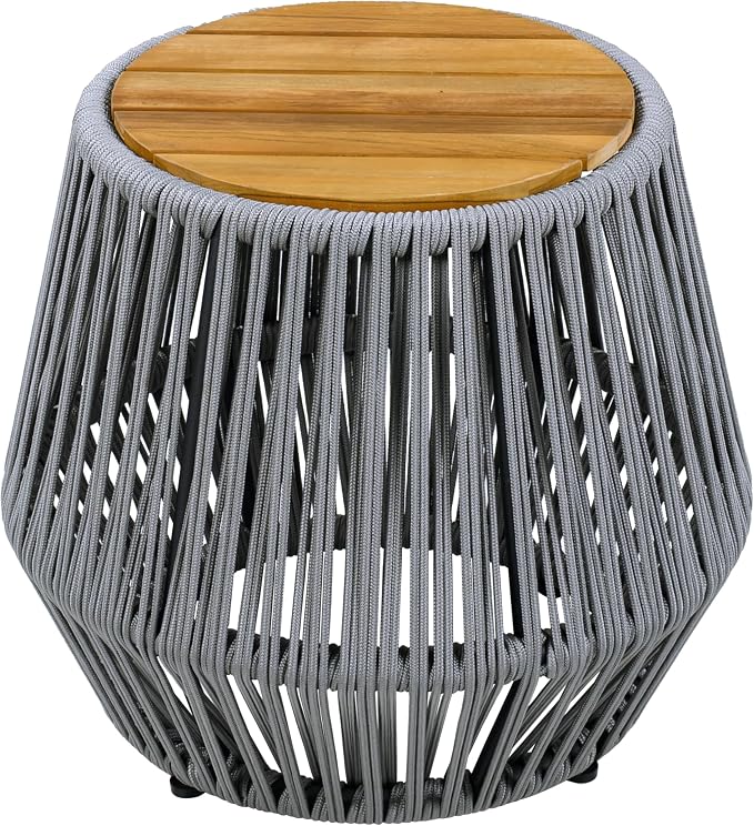 Christopher Knight Home Norshire Outdoor Side Table with Rope Base, Acacia Wood End Table, Round Patio Table, Accent Table for Garden Balcony Poolside and Indoor Use, Garden Stool, Beige+Light Teak