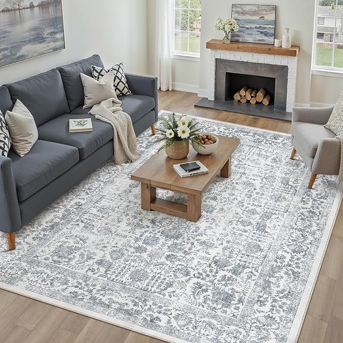 PureCozy Navy Blue Area Rug 9x12 Machine Washable Large Vintage Living Room Distressed Non Slip Carpet Traditional Indoor Bedroom Retro Floral Accent Throw Rug for Office Kitchen Dining Room