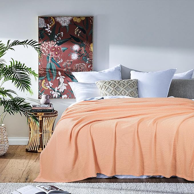 TreeWool Premium 100% Cotton Waffle Queen Blanket (90"x90", Peach) | Breathable Lightweight Moisture Wicking Soft Knit Thermal Blanket for Summer, Bed or Sofa All-season Comfort Machine Washable