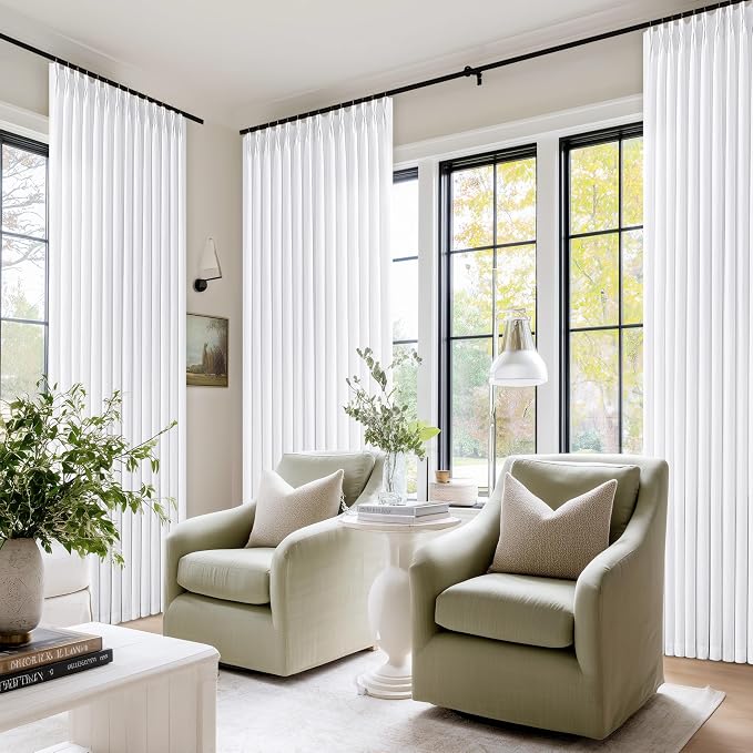 White Linen 100 Inch Patio Curtains for Sliding Glass Door Neutral Boho Pinch Pleated Light Filtering Semi Sheer Bedroom Aesthetic Windows Curtain Back Tab Pinch Pleat 2 Panels for Living Dining Room