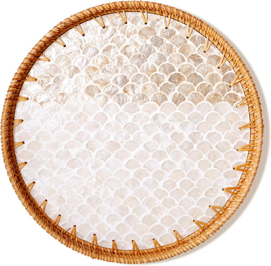 Round Rattan Tray with Mother of Pearl Inlay & Wooden Base - Decorative Wicker Serving Tray for Coffee/Bread/Fruits, Food Storage & Display - Multipurpose Home Decor (M,Fish Scales)