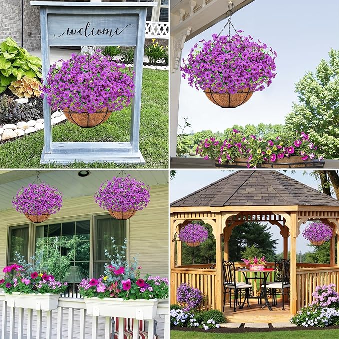 Ouddy Decor Artificial Hanging Flowers with Basket, Fake Hanging Plants with Faux Silk Flowers UV Resistant for Outdoors Indoors Spring Summer Porch Patio Balcony Yard Home Decorations, Purple