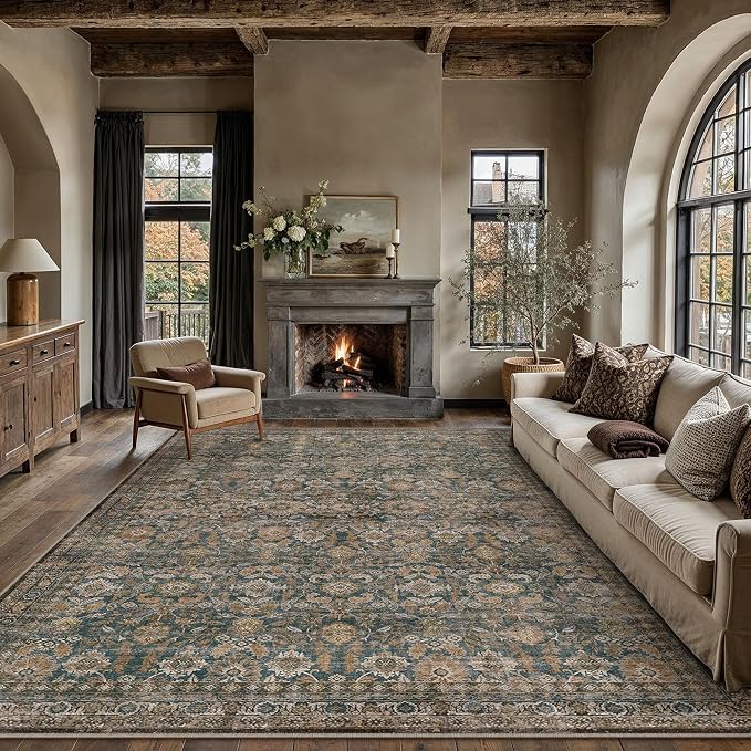 8x10 Washable Traditional Area Rug Living Room Brown Floral Non Slip Low Pile Large Rug Neutral Vintage Stain Resistant Distressed Carpet Bedroom Dining Room Office Playroom