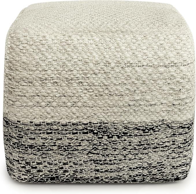 SIMPLIHOME Macie Square Pouf - 18 inch Wide Handcrafted PET Polyester Ottoman in Grey and White, Boho Indoor/Outdoor Footstool or Extra Seating for Living Room with Polystyrene Bead Filling, Assembled