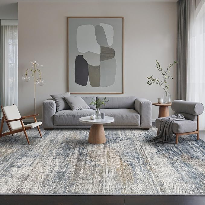 BEIMO Area Rugs 8x10 for Living Room Bedroom, Modern Abstract Machine Washable Rug, Large Soft Low Pile Floor Carpet with Non Slip Backing for Dining Room, Denim Blue/Taupe