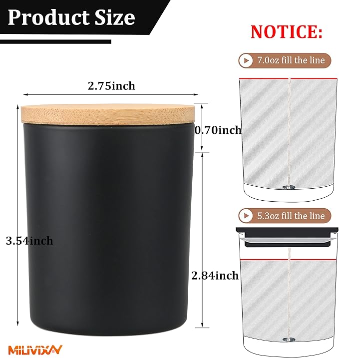MILIVIXAY 12 Pack 7 OZ Matte Black Thick Glass Candle Jars with Lids - Bulk Empty Candle Jar for Making Candles - Spice, Powder Containers.