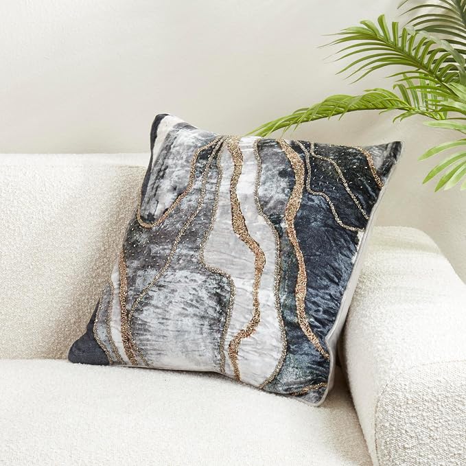 SARO LIFESTYLE Luxurious Embroidered Velvet Swirl Down Filled Pillow, 20"x20", Slate