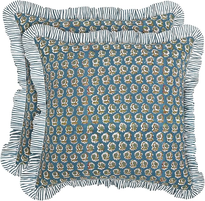 Ridhi Block Print Peacock Blue Throw Pillow Cover 24" x 24" (Pack of 2) Decorative Cushion Covers with Ruffle for Couch, Sofa, Bed, Living Room, Home Decor Gift for Spring, Easter, Valentine