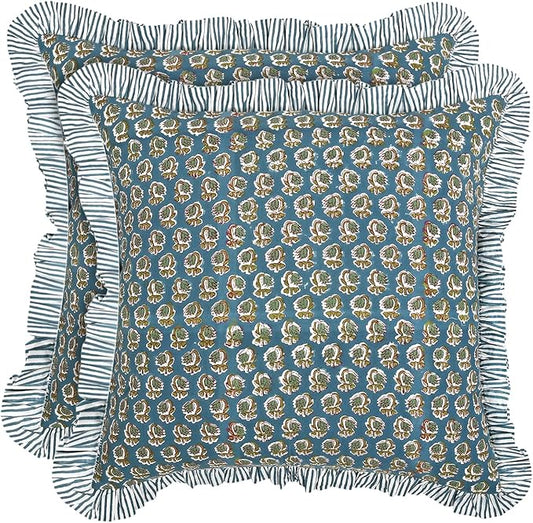 Ridhi Block Print Peacock Blue Throw Pillow Cover 24" x 24" (Pack of 2) Decorative Cushion Covers with Ruffle for Couch, Sofa, Bed, Living Room, Home Decor Gift for Spring, Easter, Valentine