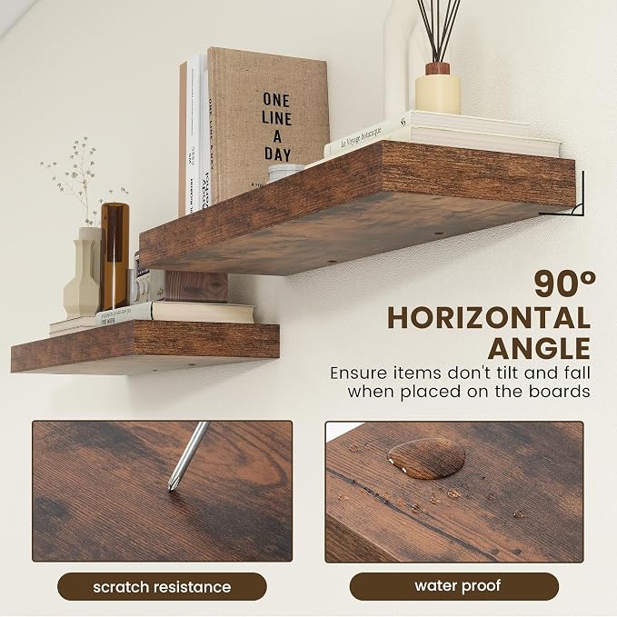 FLYJOE 36'' Brown Floating Shelves, 12 Inch Deep Shelves for Wall Set of 2 | 36'' x 12'' Rustic Brown Wood Shelves for Framhouse Living Room Bathroom Kitchen Laundry Room