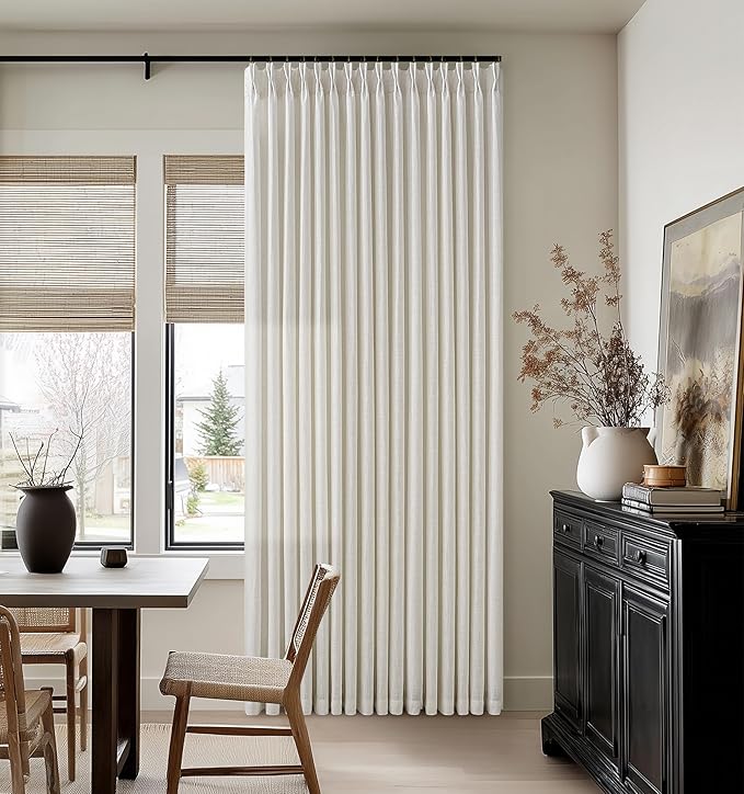 Pinch Pleated 98 Inch Linen Curtains for Living Room Dining Bedroom Pinch Pleat Hooks Rings Back Tab Light Filtering Semi Sheer Curtain Drapes for Large Window Boho Neutral Cream 2 Panels W50xL98