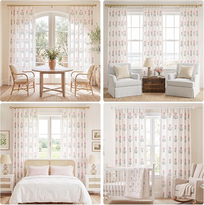 THREE GIRLS Pinch Pleated Light Filtering Linen Blend Floral Block Print Curtains for Girls Room, Nursery, Living Room, Modern Farmhouse, Memory Trained, Hooks, 2 Panels Set, 40"x90", Pink