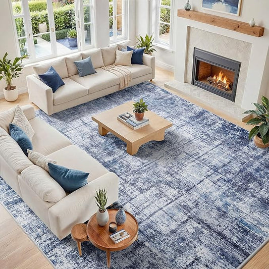 10x14 Area Rugs for Living Room Washable Rug: Anti-Skid Abstract Modern Living Room Rug Soft Thin Carpets Indoor Floor Non-Shedding Carpet for Bedroom Dining Farmhouse Nursery Navy Light Gray