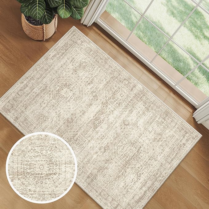 Soalmost 2x3 Washable Rugs for Kitchen, Floor, Entryway, Powder Room Small Area Rug Non-Slip Vintage Low Pile Throw Door Mat Beige
