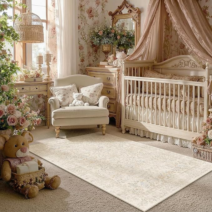 PureCozy 4x6 Beige Area Rug for Entryway Washable Vintage Floral Carpet Low Pile Non Slip Botanical Aesthetic Soft Accent Throw Rug Entrance Kitchen Bedroom Nursery Office Indoor