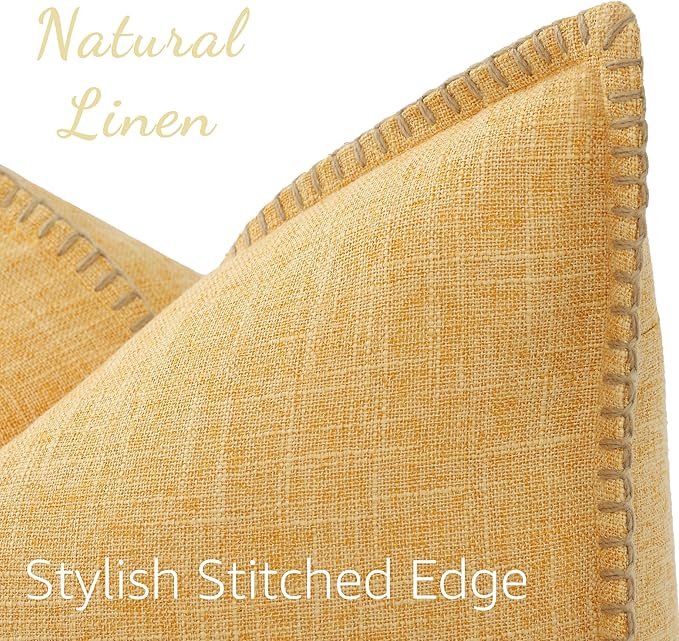 decorUhome Summer Decorative Throw Pillow Covers 26x26 Set of 2 Square Faux Linen Outdoor Neutral Farmhouse Euro Sham Pillow Covers with Stitched Edge for Couch Sofa Living Room, Mustard Yellow