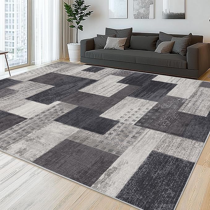 Modern Geometric Patchwork Indoor Area Rug for Living Room, Charcoal 10'x 14' Large Rug Rockwood Collection Hardwood Floors Decor for Bedroom, Grey Throw Carpet for Office Entryway Dining Room