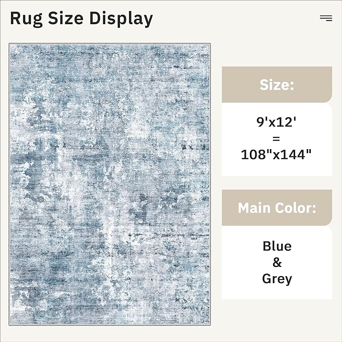 Soalmost 9x12 Area Rugs for Living Room, Abstract Non Slip Machine Washable Vintage Rugs, Low Pile Lightweight Large Rug for Bedroom, Dining Room, Home Office Blue