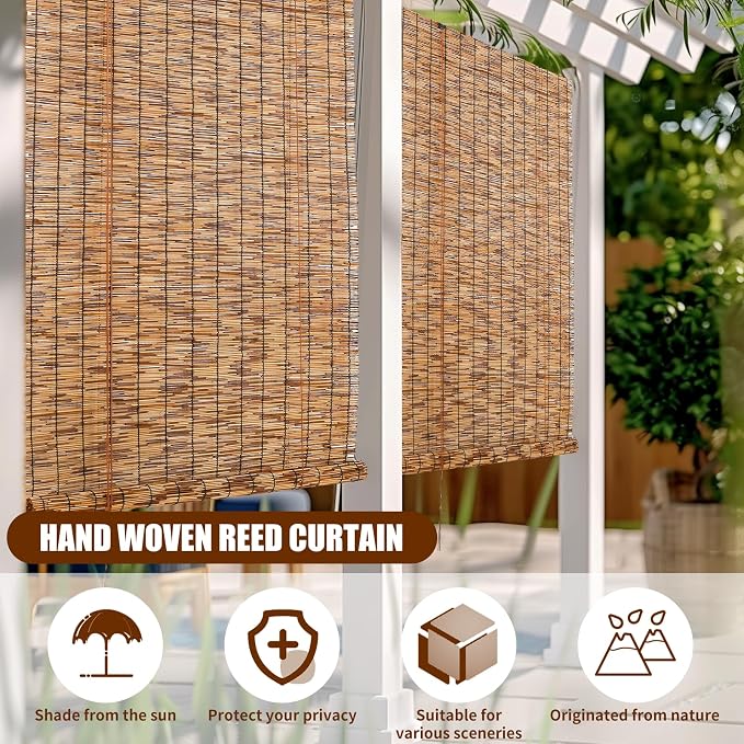 Reed Roller Blinds Shades, Vertical Lifting and Breathable Waterproof Design, Sun Shade and Ventilation, Easy Installation,30" Wx64 H