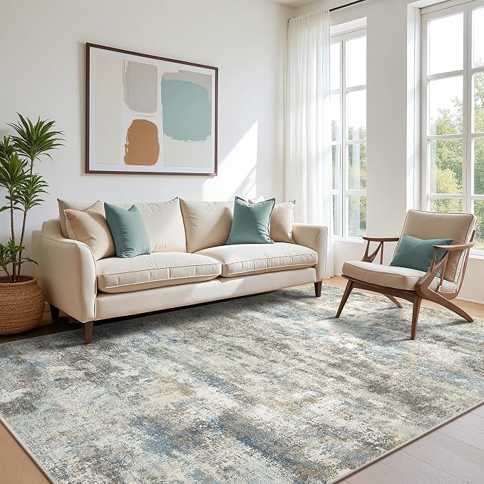 BEIMO Area Rugs 5x7 for Living Room Bedroom, Modern Abstract Machine Washable Rug, Large Soft Low Pile Floor Carpet with Non Slip Backing for Dining Room, Blue/Taupe