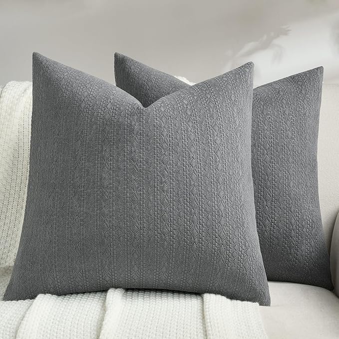 FUTEI Dark Grey Chenille Throw Pillow Covers 24x24 Inch Set of 2,Soft Striped & Diamond Textured European Cushion Cases,Modern Home Decor for Couch Living Room