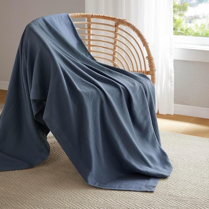 Madison Park 100% Egyptian Cotton Lightweight Summer Blanket, Breathable Waffle Knit Design, Soft Cozy All-Season Throw for Bed, Couch or Sofa, Navy Blue Twin Size (66"x90")