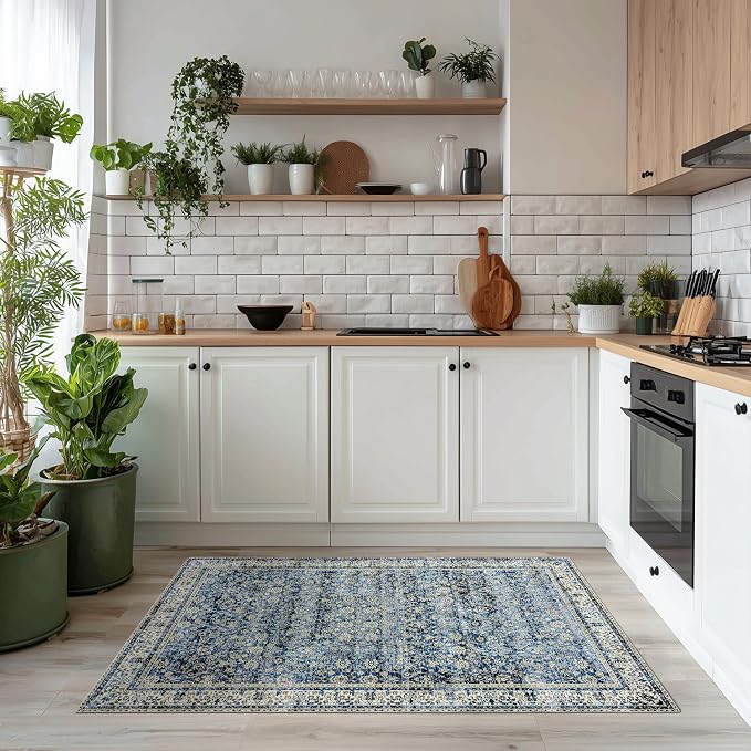 BILEEHOME Vintage Blue Kitchen Rugs 2x3 Dark Blue Distressed Low Pile Area Rug for Entryway Bathroom Washable Non Slip Boho Retro Floral Carpet for Side of Bed Entry 2 x 3