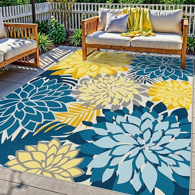 Colorful 8x10 Outdoor Area Rug Washable Multicolored Patio Rug Tropical Botanical Floral Chenille Waterproof Outdoor Carpet Non-Slip for Deck, Backyard, Porch, Ocean Dahlia