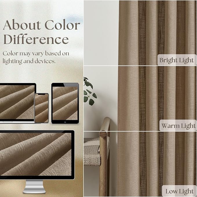 Latte Colored Linen Curtains 126 Inches Long for Living Room Pinch Pleated Drape with Hooks Rings for Track System Light Filtering Light Brown 126 Inch Curtain for Bedroom Sliding Patio Door 2 Panels