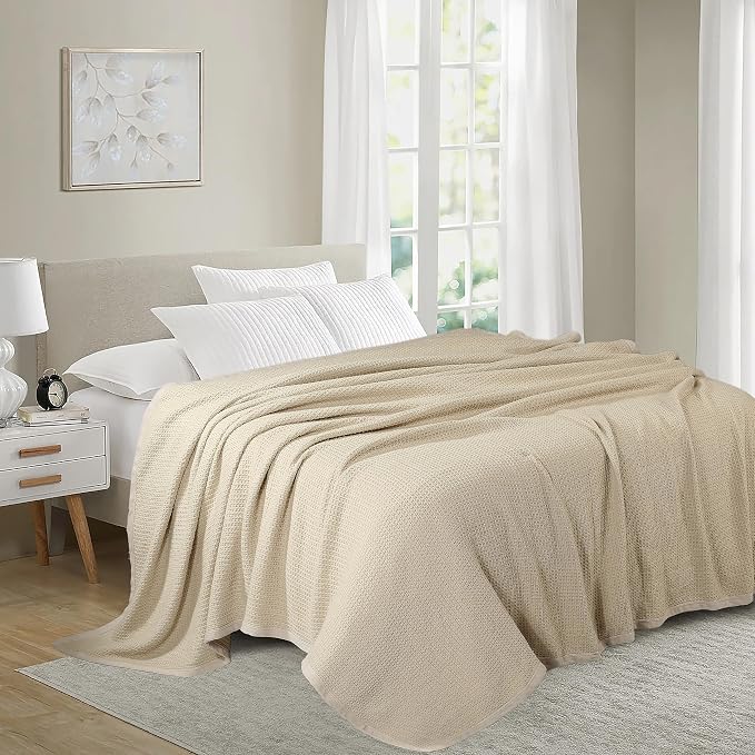 TreeWool Premium 100% Cotton Waffle Queen Blanket (90"x90", Beige) | Breathable Lightweight Moisture Wicking Soft Knit Thermal Blanket for Summer, Bed or Sofa All-season Comfort Machine Washable