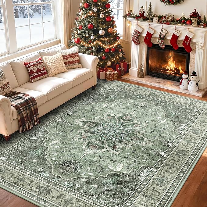 RELEANY Area Rugs 8'x10' Washable Non-Slip, Floral Vintage Distress Print Pattern Medallion Carpet for Living Room Bedroom Dining Room, Dark Green Gray