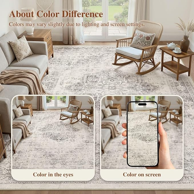 UERMEI 10x12 Area Rug Living Room Rugs - Washable Vintage Soft Large Rug Indoor Floor No Slip Rug Carpet for Bedroom Farmhouse Under Dining Table Home Office Decor - Beige/Camel