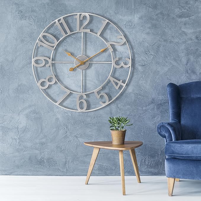 Sorbus Large Wall Clock for Living Room Decor - Wall Clock for Kitchen - 24 inch Big Wall Clock Decorative - Metal Wall Art - Analog Large Clock for Bedroom, Home, Kitchen, Office, Wall Decor (Silver)