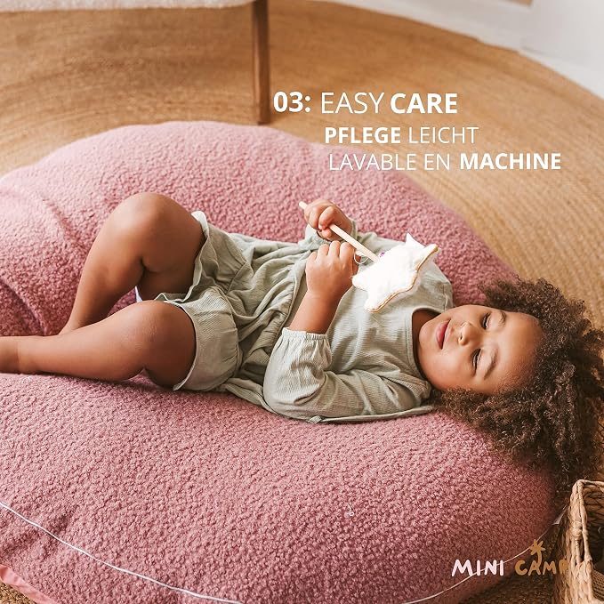 MINICAMP Large Kids Floor Cushion – Ultra Fluffy Washable Bean Bag Chair & Reading Pillow with Boucle Sherpa Cover – Soft Kids Lounger Floor Seat for Playroom, Bedroom or Nursery - Made in EU (Pink)