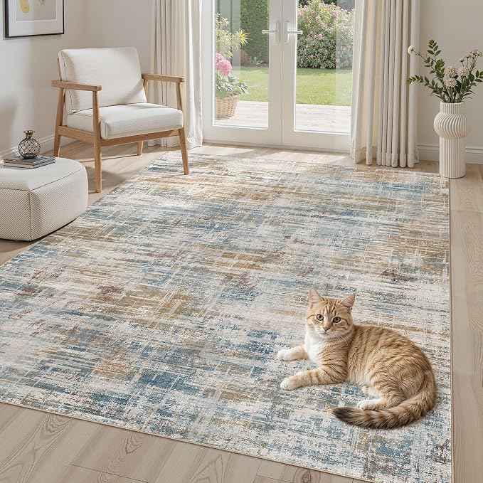 UERMEI 5x7 Area Rug for Living Room: Washable Modern Neutral Abstract Soft Low Pile Carpet Non-Slip Pet Kids Friendly Indoor Decor for Bedroom Dining Room Home Office Nursery Blue Brown