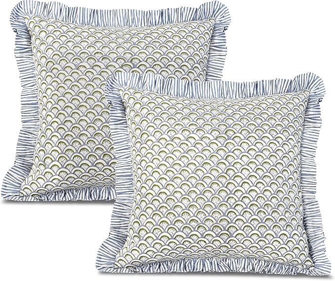 Ridhi Block Print Hand Fan Harmony Throw Pillow Cover 18" x 18" (Pack of 2) Decorative Cushion Covers with Ruffle for Couch, Sofa, Bed, Living Room, Home Decor Gift for Spring, Easter, Valentine